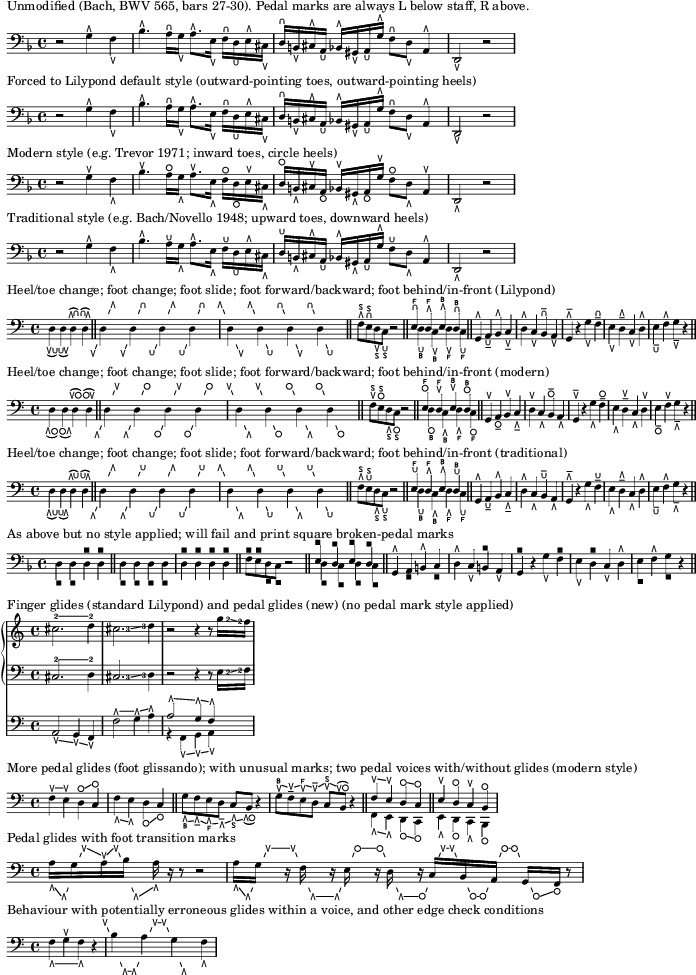 Organ pedal marks in various styles, including pedal glides