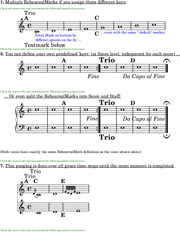 Multiple simultaneous RehearsalMarks, tunable output per score, grace synchronized [obsolete in 2.23]